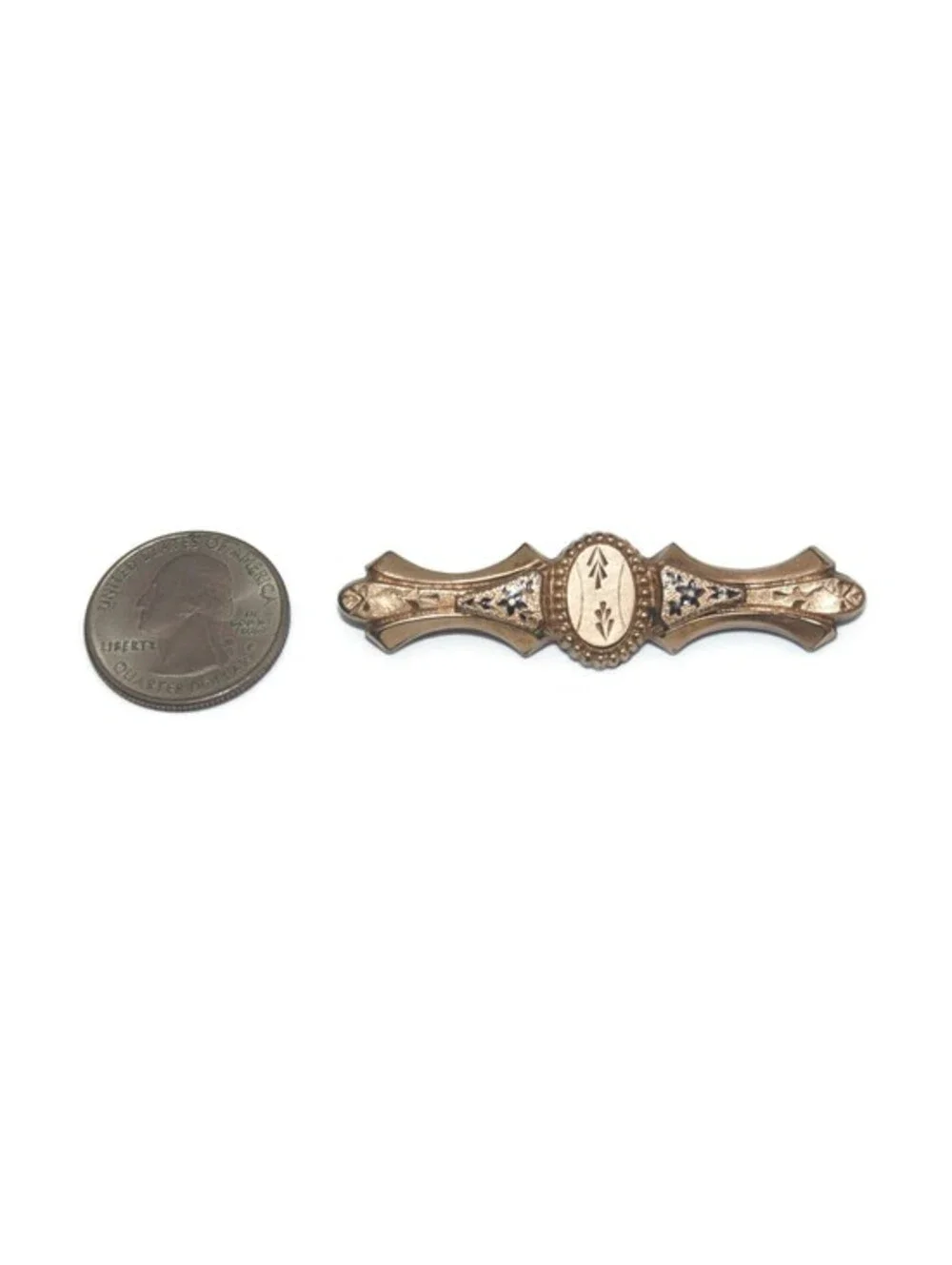 Antique Victorian Gold Tone and Black Enamel Floral Design Bar Brooch.